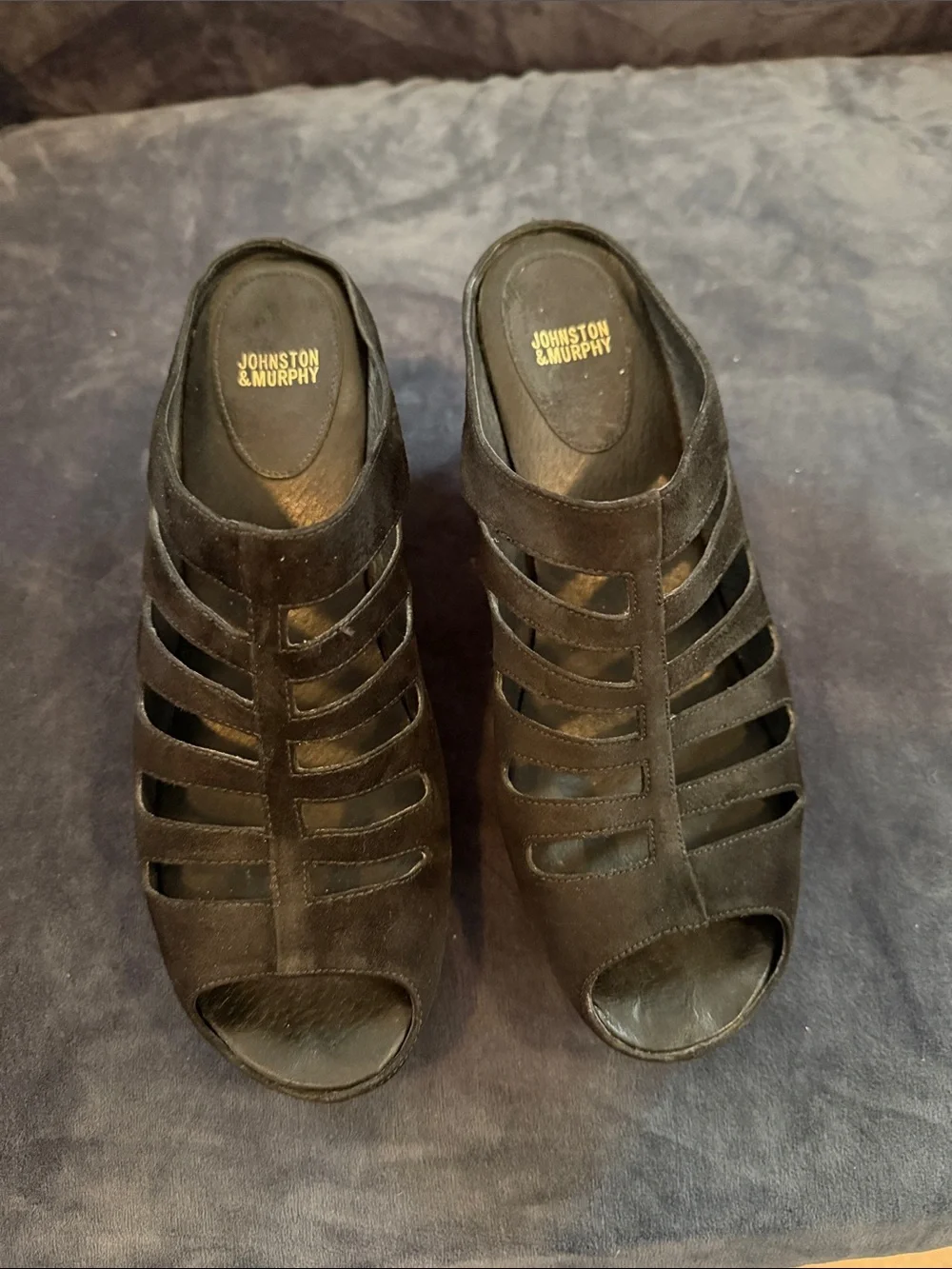 Johnston & Murphy Black Suede Cutout Wedge Mules
